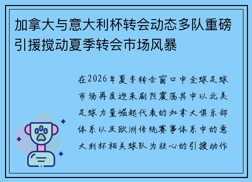 加拿大与意大利杯转会动态多队重磅引援搅动夏季转会市场风暴